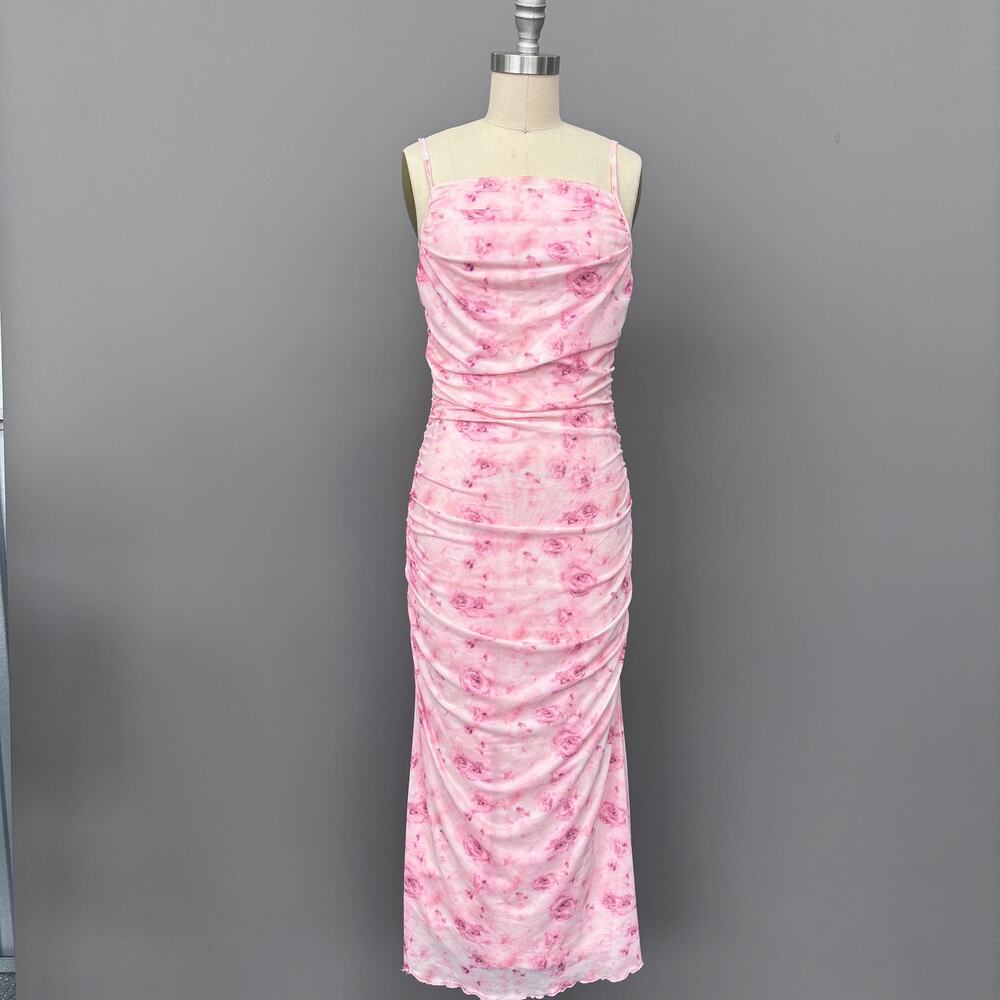 Pink Floral Bodycon Ruched Dress Midi Size Medium